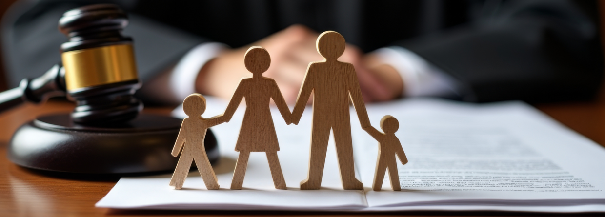 Een rechter achter een bureau met papieren voor zich en een voorzittershamer en 4 houten poppetjes van een gezin