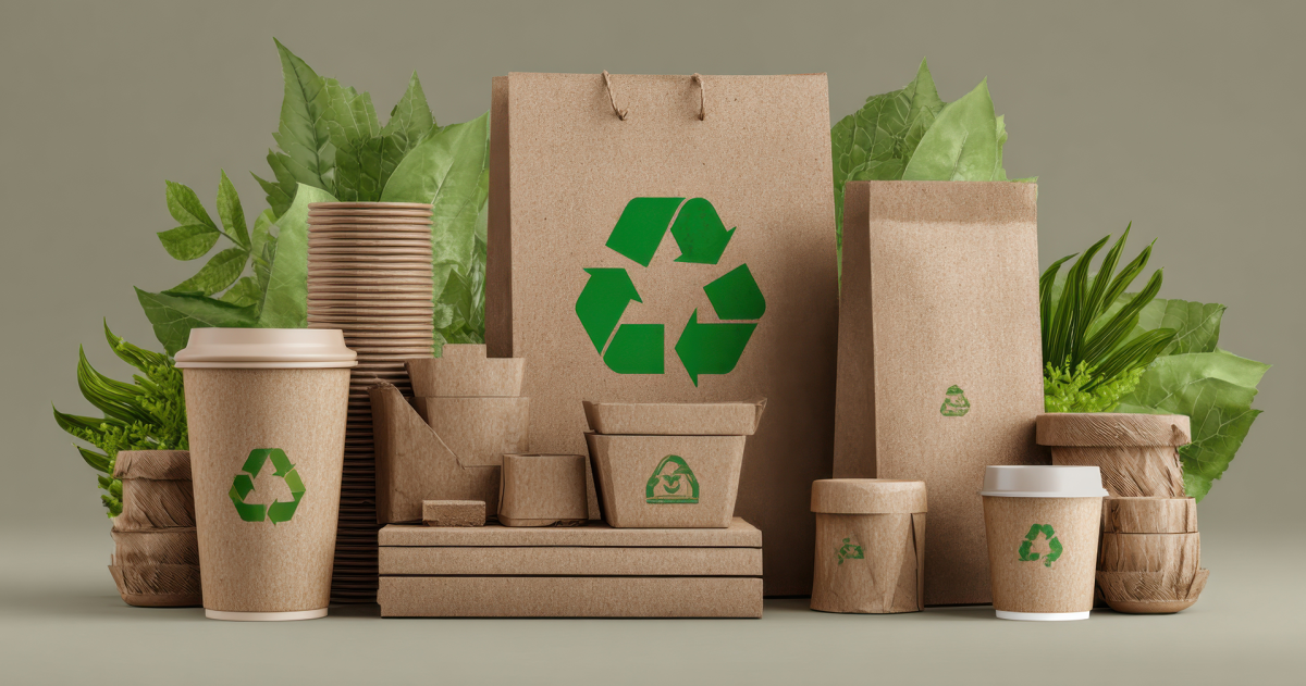 Papieren verpakkingsmateriaal en drinkbekers met een groen keurnerk en groene planten op de achtergrond